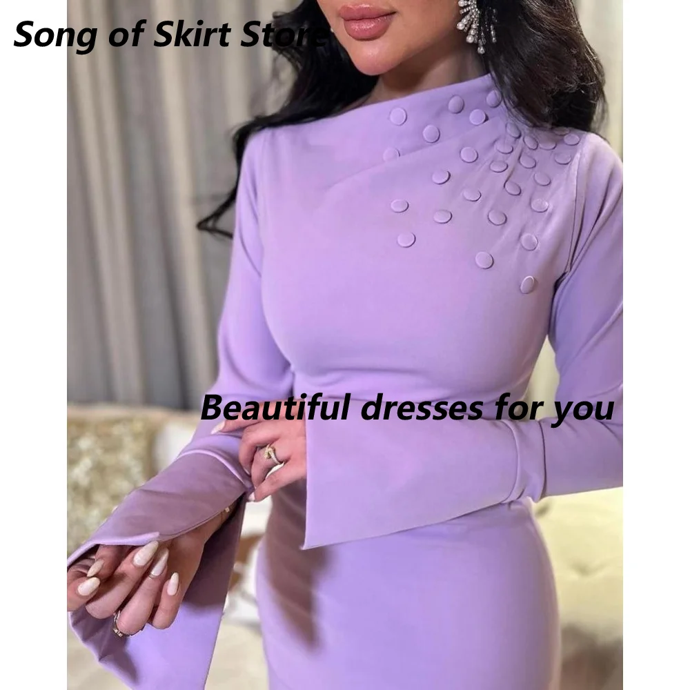 Gaun Malam Leher Tinggi Gaun Prom Jersey Lengan Panjang Kustom dengan Kancing Gaun Pesta Koktail Lurus Panjang Teh Wiru