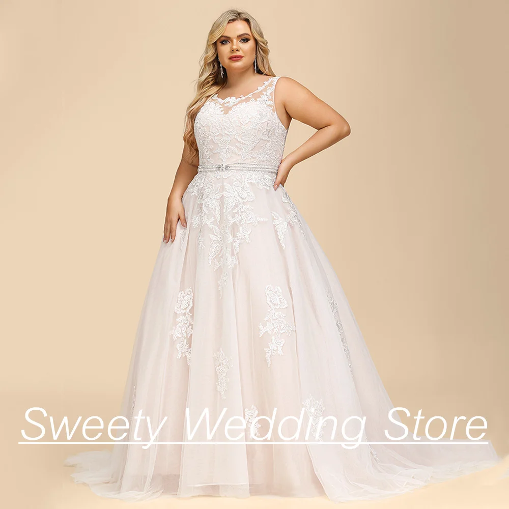 Sem mangas Um Vestido De Noiva Linha, Cinto De Beading, Botões Zipper Traseiro, Vestido De Noiva Applique, Ilusão De Volta, Plus Size, Nova Chegada