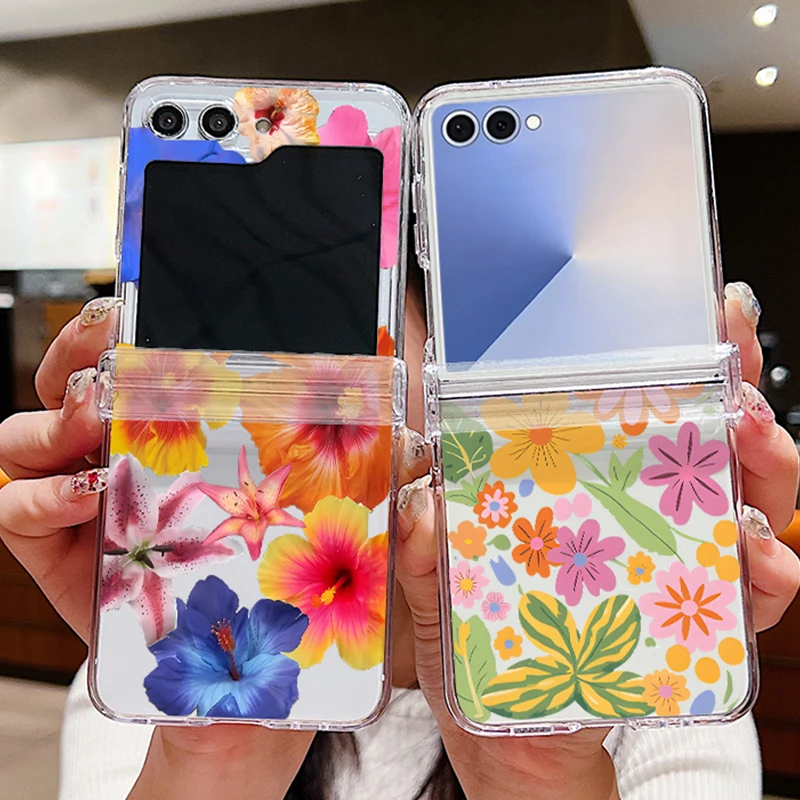 Schöne Blumenmuster Klare Handyhülle für Samsung Galaxy Z Flip 7 FE 6 5 4 3 5G Folding Hard Cover für Samsung Z Flip5 Flip4