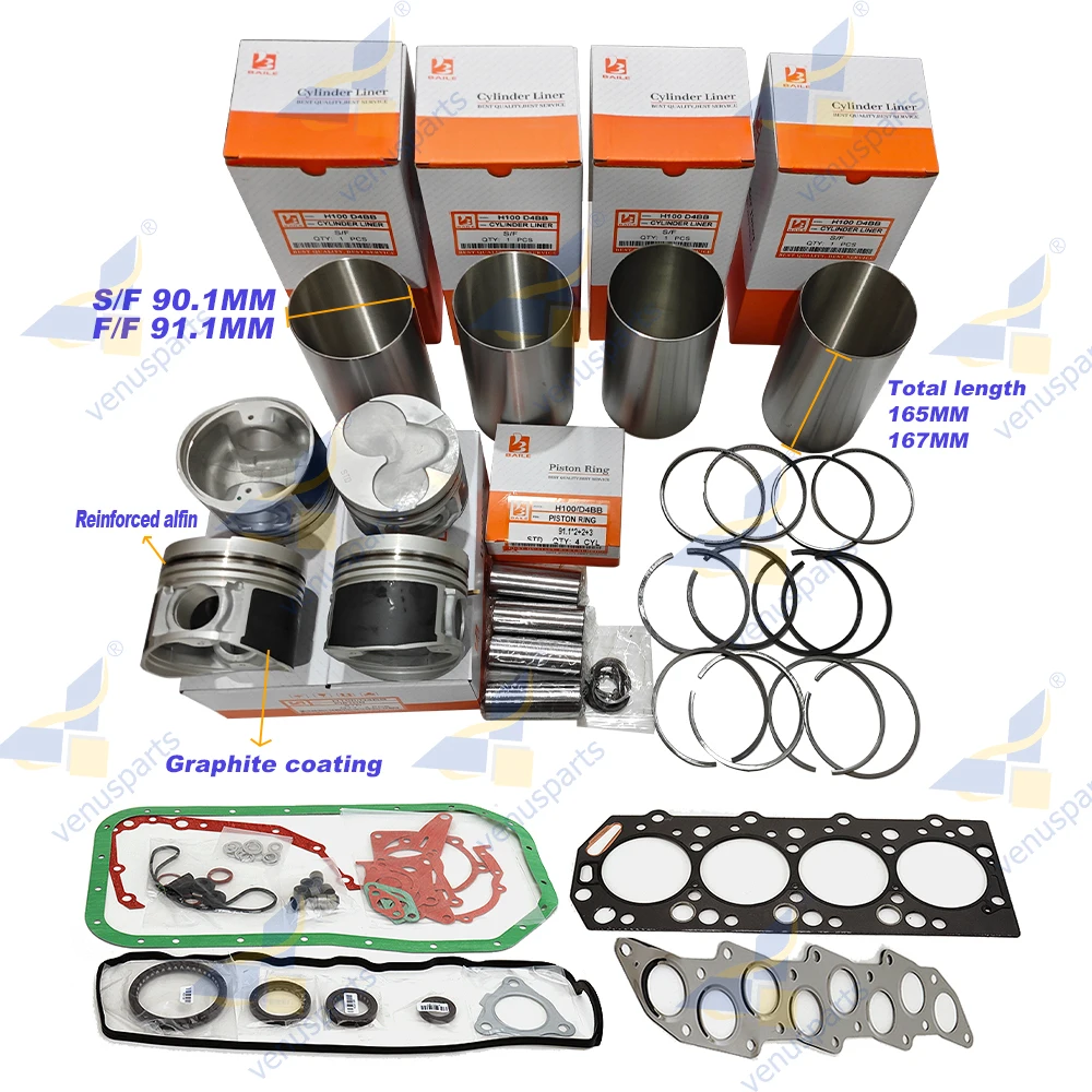 D4BB H100 Overhaul Rebuild Kit For Hyundai D4BA Piston Rings Cylinder Liner Full Gasket Set 23410-42701 Engine Repair Parts