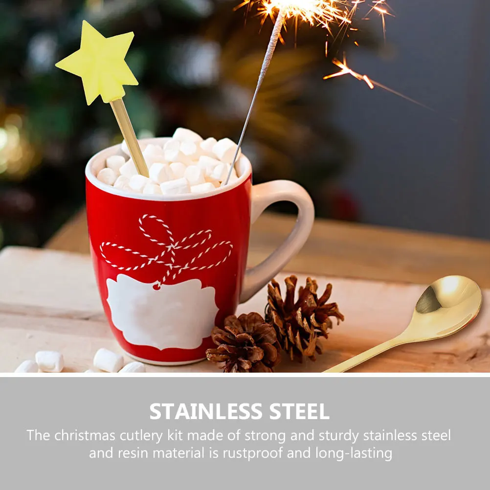 

1 Set Christmas Cutlery Kit Stainless Steel Coffee Spoons Long Handle Dessert Ice Cream Tea Mixing Tableware Xmas Flatware Set