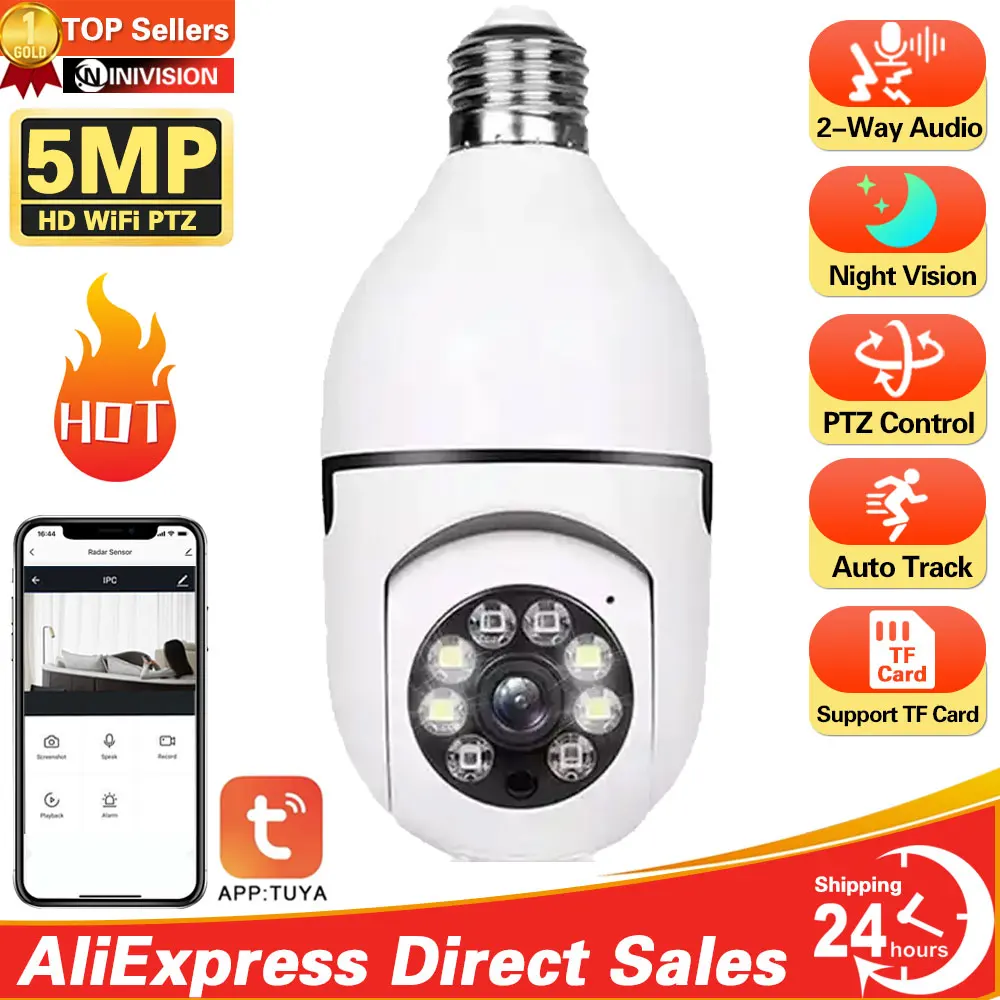 

5MP Tuya Wifi E27 Bulb Smart Home Surveillance Protection IP Camera Color NightVision Auto Track Video Security Pet Baby Monitor