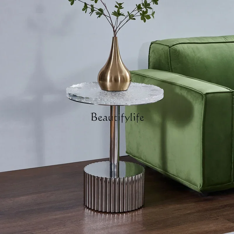 Mesa de centro de acero inoxidable para sala de estar, mesa de centro de acrílico transparente con ondas de agua creativas de diseño, borde de sofá ligero de lujo
