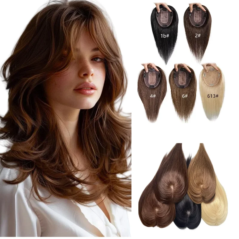 人毛ヘアピース-女性用-レースベース-ミドルパート＆前髪付き--9x14cm-14インチ-産後脱毛対策