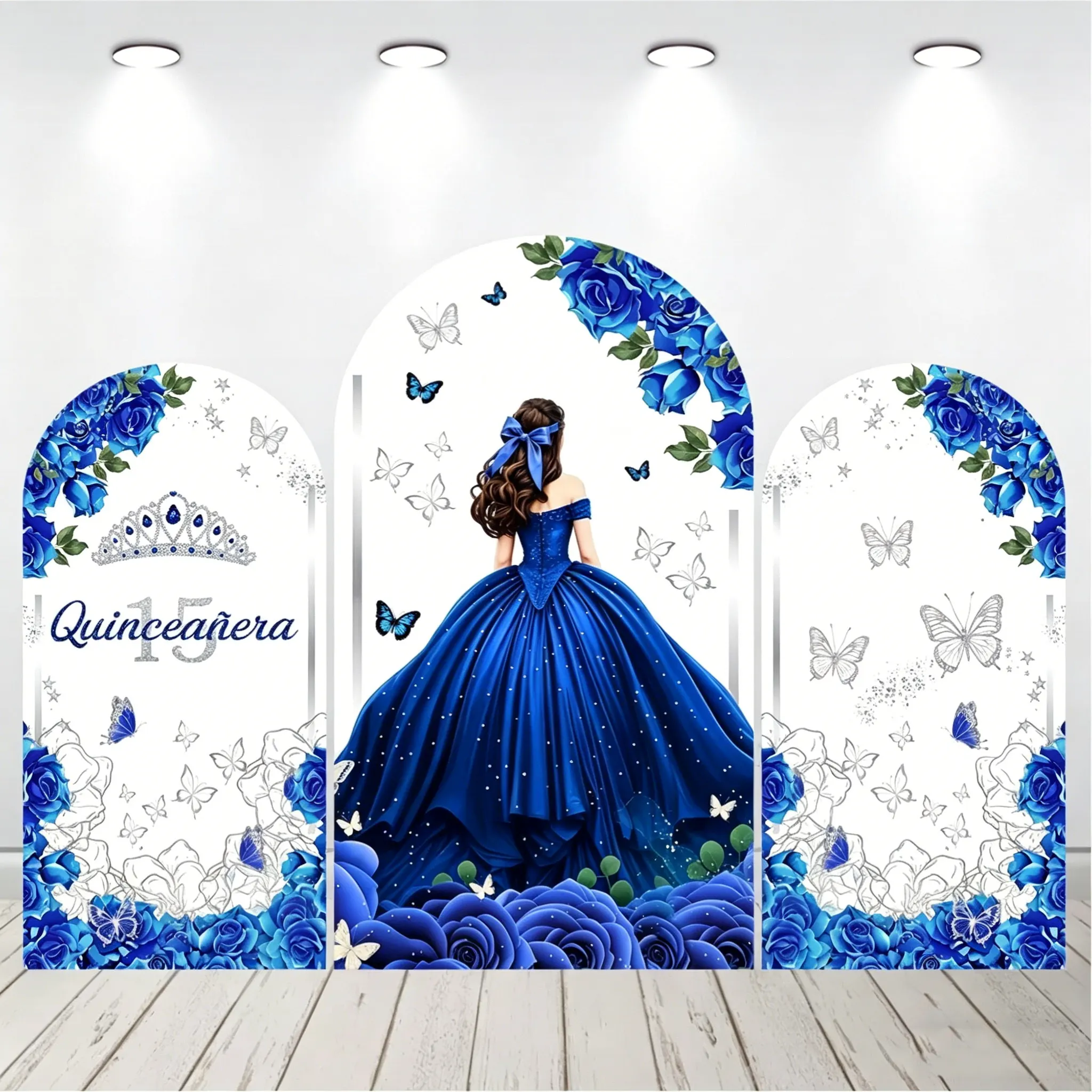 LS Quinceanera Girl 15th Birthday Party Arch Cover Backdrop Sweet Princess Dress Glitter Blue Background Decor Wedding Photozone