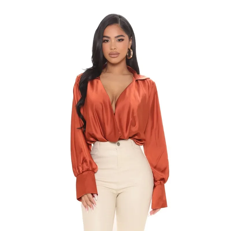 

Amazon's New Sexy Temperament Long-sleeved Deep V-neck Satin Versatile Top European and American Autumn Fashion Women's Shirts
