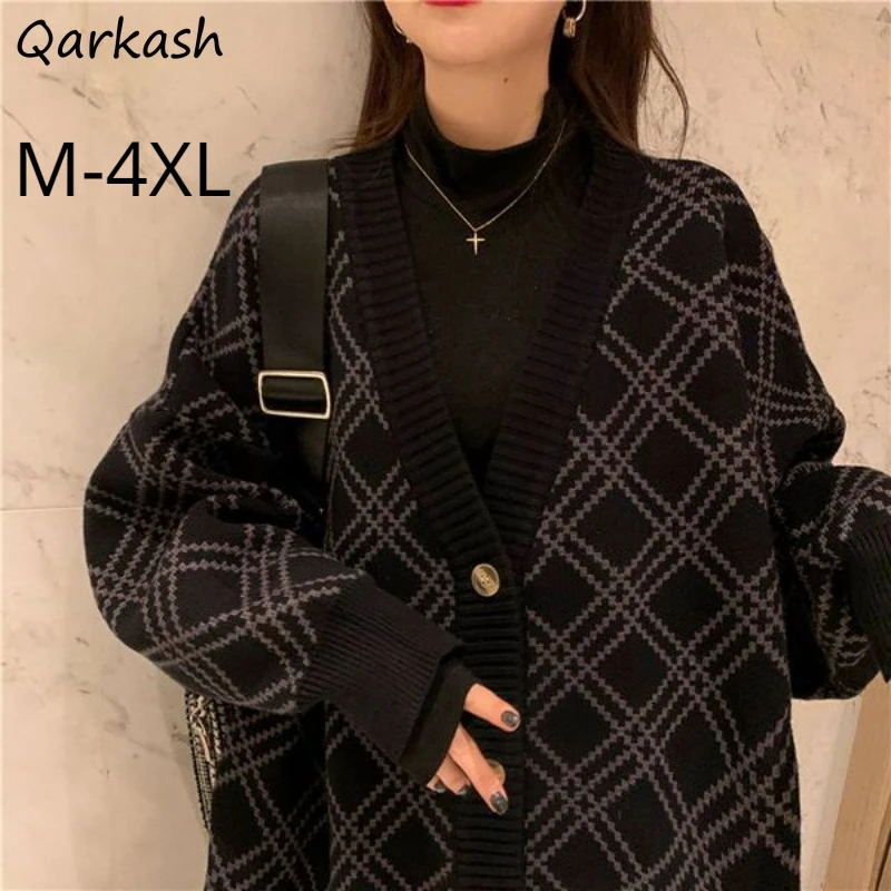 Black Cardigan Coats Women Vintage Loose Oversize Diamond M-4XL Check Knitted V-neck Patchwork Fall Winter Chic Ulzzang Female