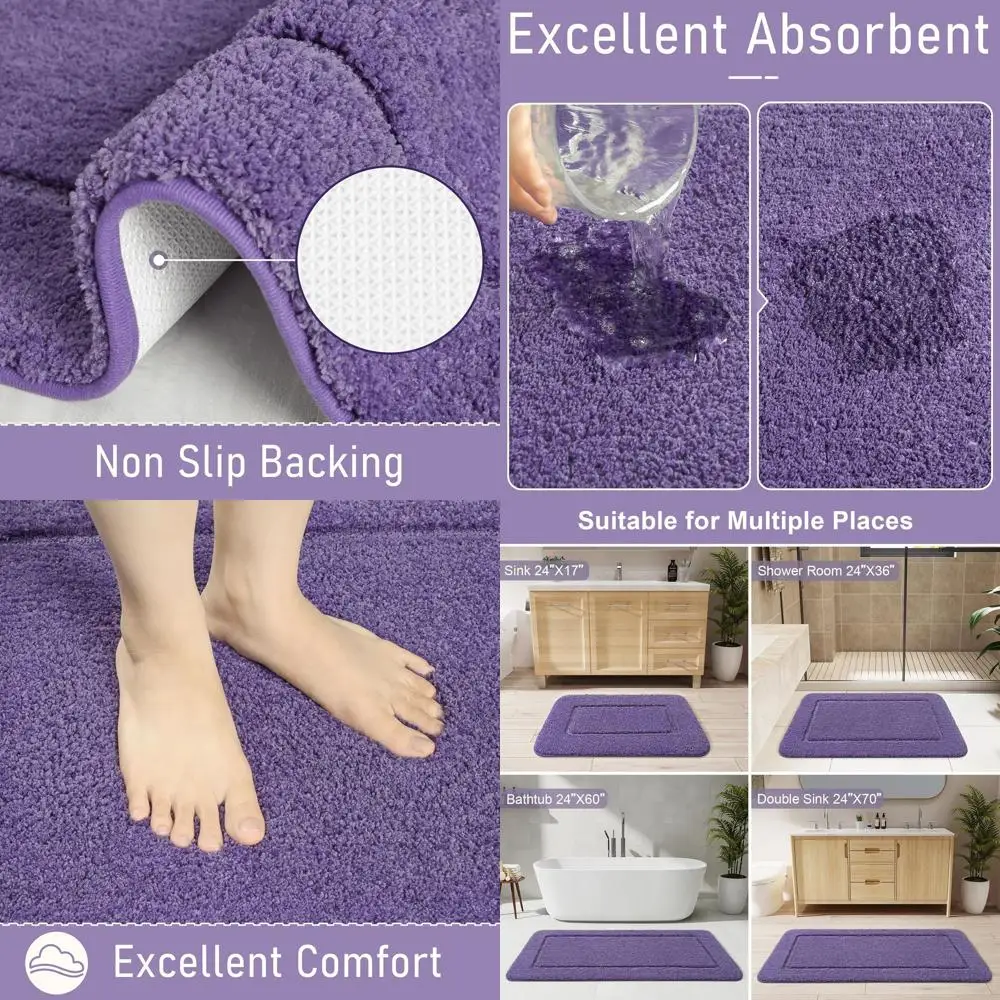 

24 x 70 Purple Plush Shaggy Bath Rug - Non-Slip, Washable, Absorbent Shower Mat