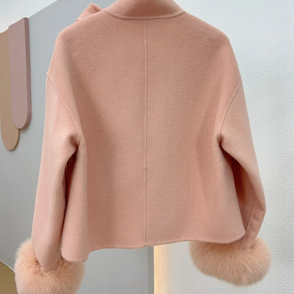 2025 Wool Woolen Women coat fur jacket New Winter Real Natural Fox Fur Cuff Coat Ladies Outwear Female Coat Cashmere Luxury