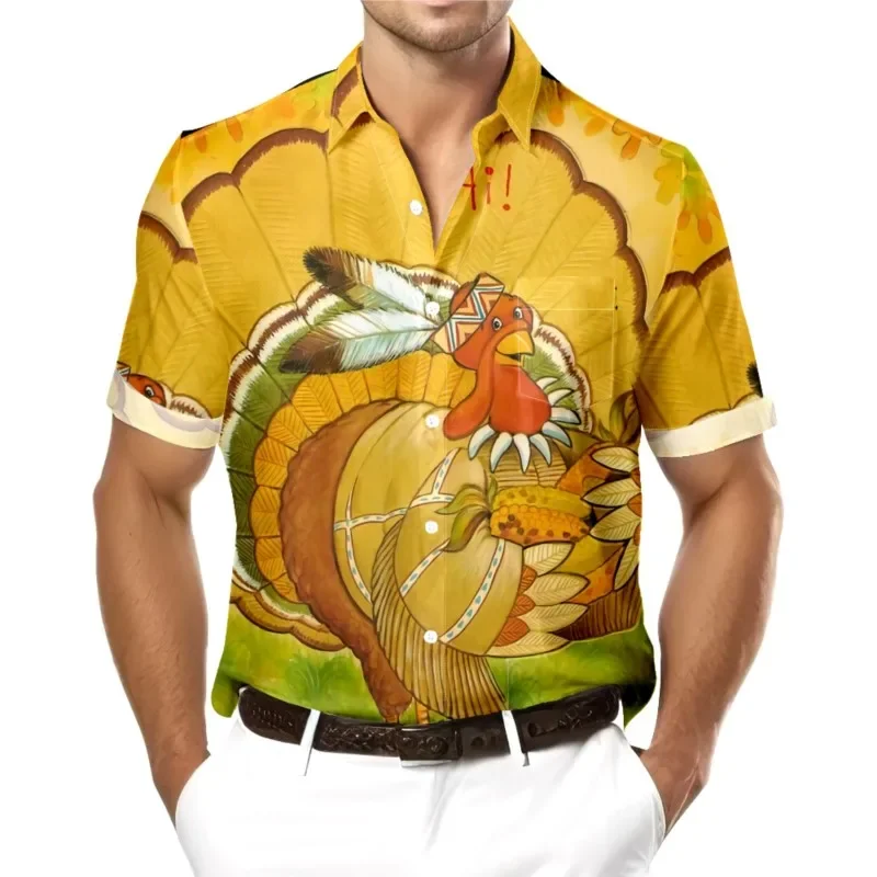 Thanksgiving Day Indian Turkeys Printed Chest Pocket Hawaiian Shirt Casual Daily Short Sleeve Shirt Clothing Tops