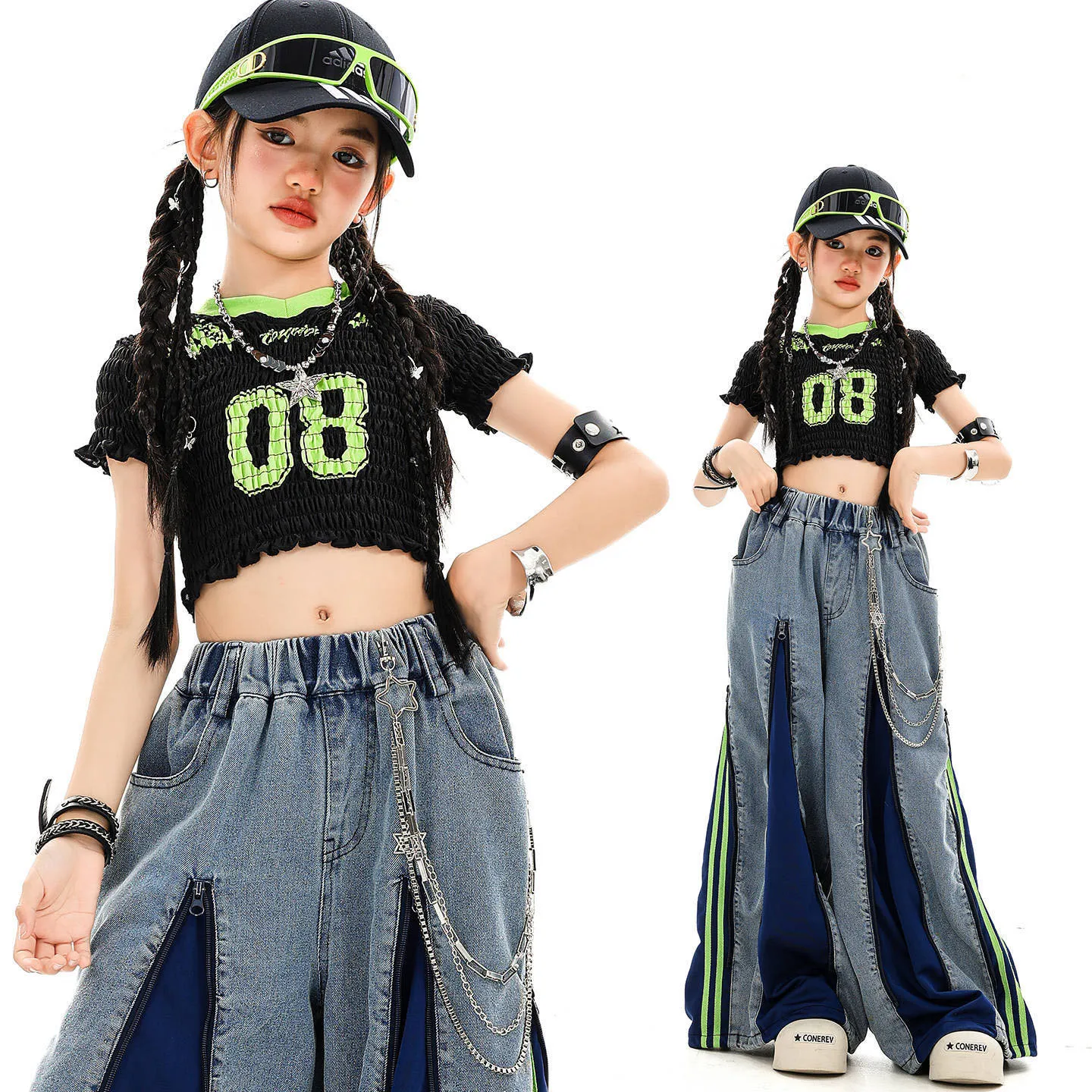 طفل Kpop الهيب هوب الملابس السوداء التجاعيد المحاصيل تي شيرت الدنيم الأزرق الشارع البريدي الجينز بنطال ذو قصة أرجل واسعة لفتاة أزياء رقص الملابس