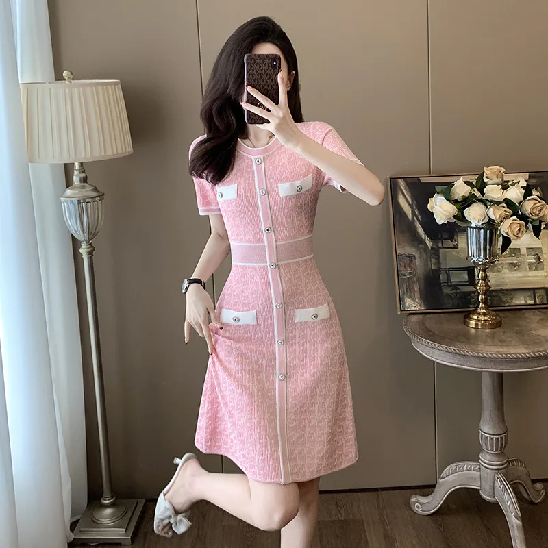 

#1051 Blue Pink Knitted Sweater Dress Short Sleeve Buttons Stretch Mini Dress Elegant Office A-line Dresses Round Neck Summer