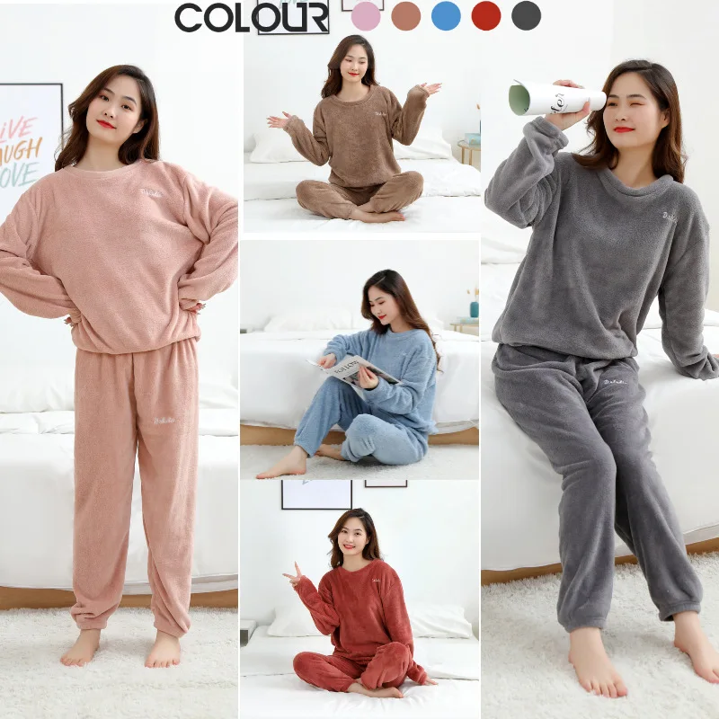 

Autumn Winter Thickened Warm Set Coral Velvet Pajamas Long Trousers Fashion Casual Pink Long-Sleeved Loungewear Outside Solid