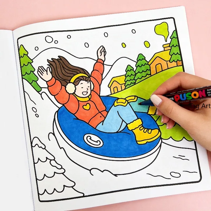 

A Healing Girl's Daily Scene Coloring Book, Garden/Beach/Skiing/Home/Coffee Shop/Four Season Life Scene, 24 Page Drawing Pattern