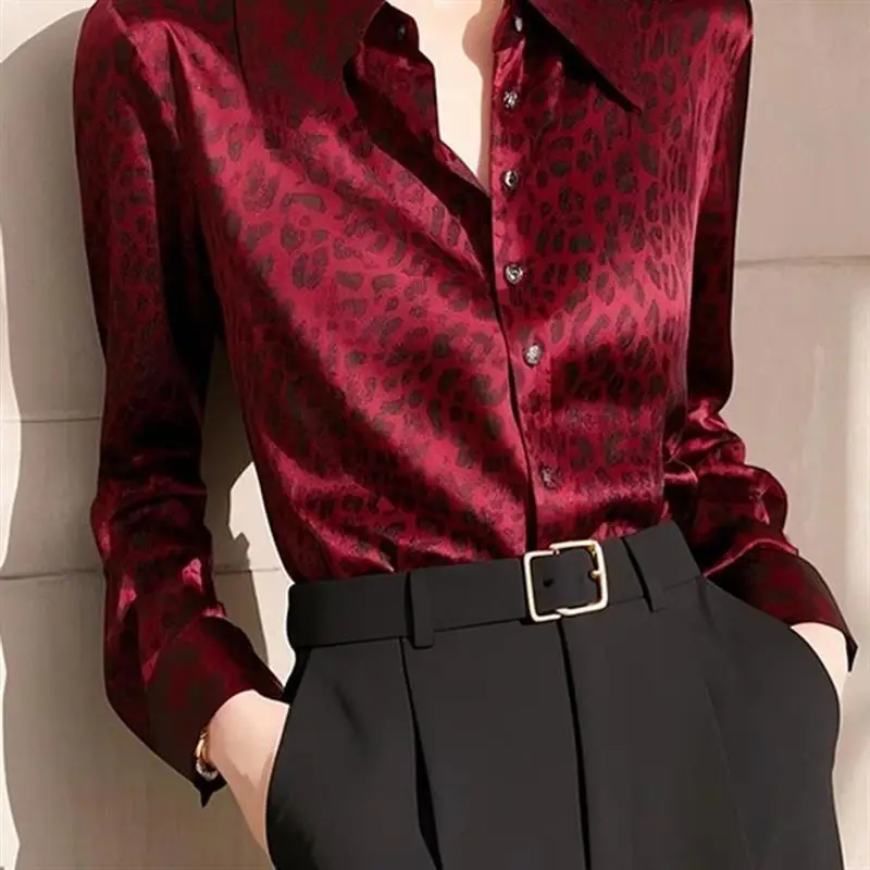 

Шелковая атласная длинная блузка Ele Red с леопардовым принтом, уникальная шикарная весенняя женская блузка премиум-класса из искусственного материала