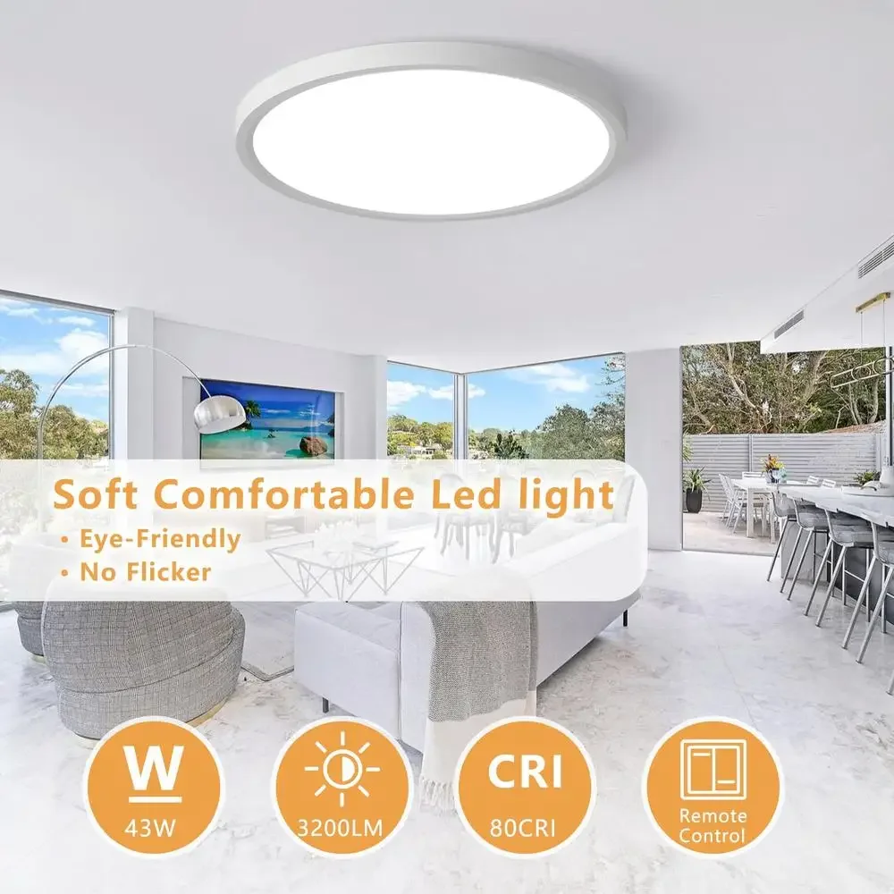 Dimmable LED Flush Mount Ceiling Light 43W 3200LM Stepless CCT Remote Control Slim Design Energy Efficient Indoor Lighting