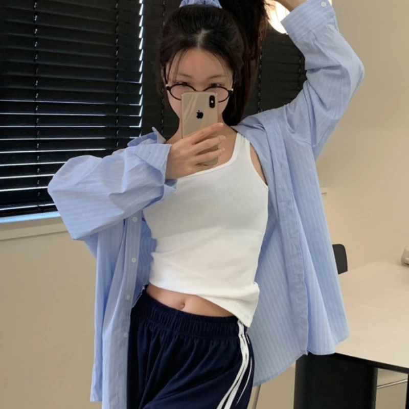 

Casual Striped Loose Shirt Commute Simple Turn-down Collar Pocket Women's Fashion Spring Autumn Winter Korean Style Online Ex...