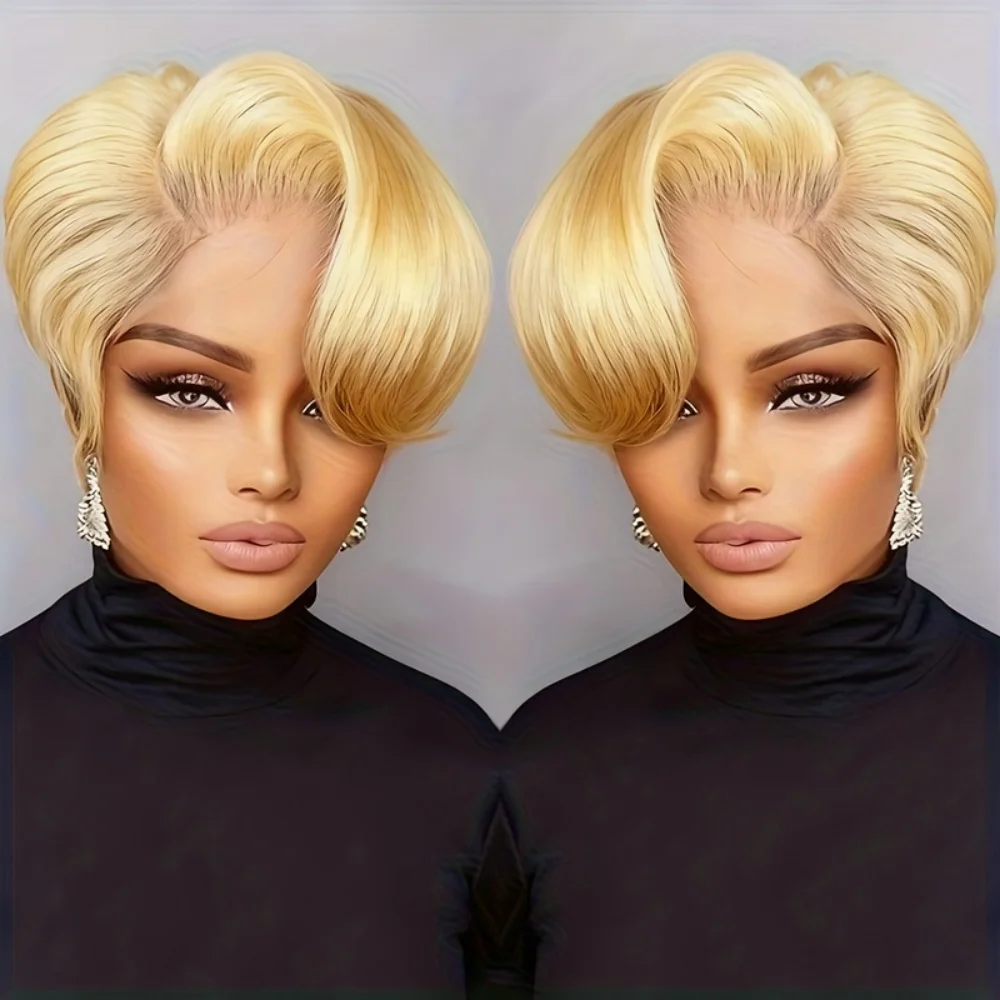 

Finger Wave Brazilian Remy Human Hair 13x4 Lace Front Wig 180% Density Pixie Cut for Natural Look Black 99j wig