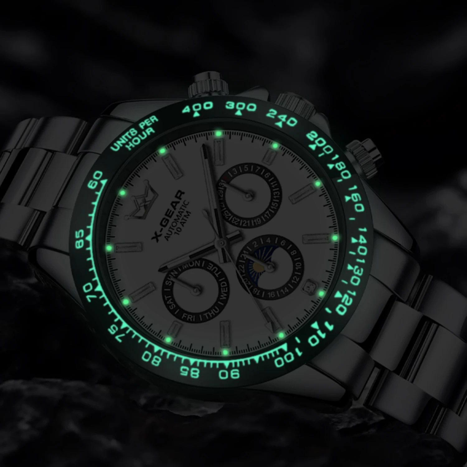 X-GEAR นาฬิกาข้อมือผู้ชายสุดหรูรุ่นใหม่ – ระบบกลไกอัตโนมัติ หน้าปัดย่อยสามชั้น หกเข็ม แสดงผลแบบเรืองแสง กันน้ำ สายสแตนเลส