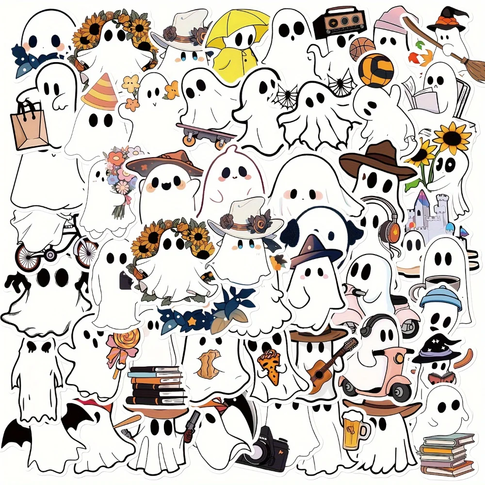 50 Pcs Small Ghost Cartoon Stickers, Mug, Cell Phone, Scrapbook, Book Doodle DIY Stickers, Vintage Halloween Decoration Stickers