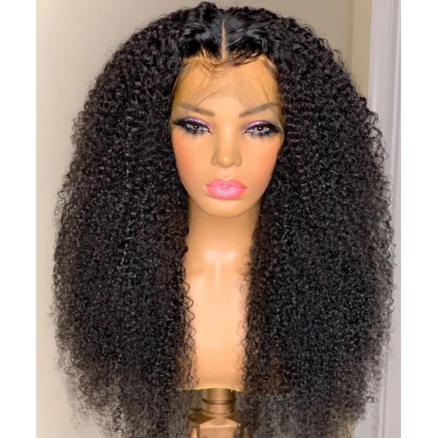 

Preplucked Natural 26" 180 Density Long Soft Black Glueless Kinky Curly Lace Front Wig For Women BabyHair Heat Resistant Daily