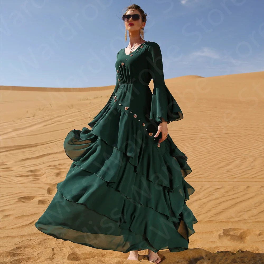 Wholesale Dark Green Evening Dresses Arabic Long Sleeve Prom Party Gowns Tiered Skirt Wedding Guest Dresses V Neckline Beaded