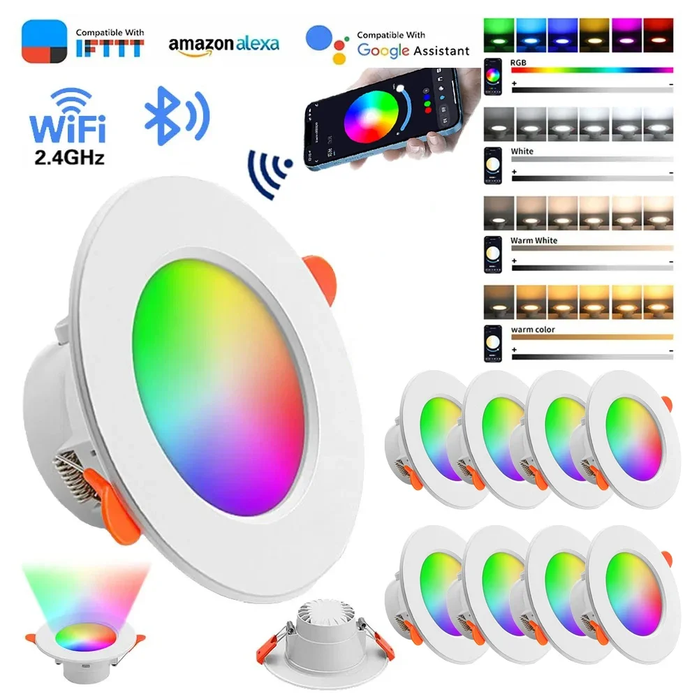 1-10 PCS LED Downlight Smart Life Dimming Spot Bluetooth Lamp 10W RGB+CW+WW Changeable Warm Cool Light LED Downlight