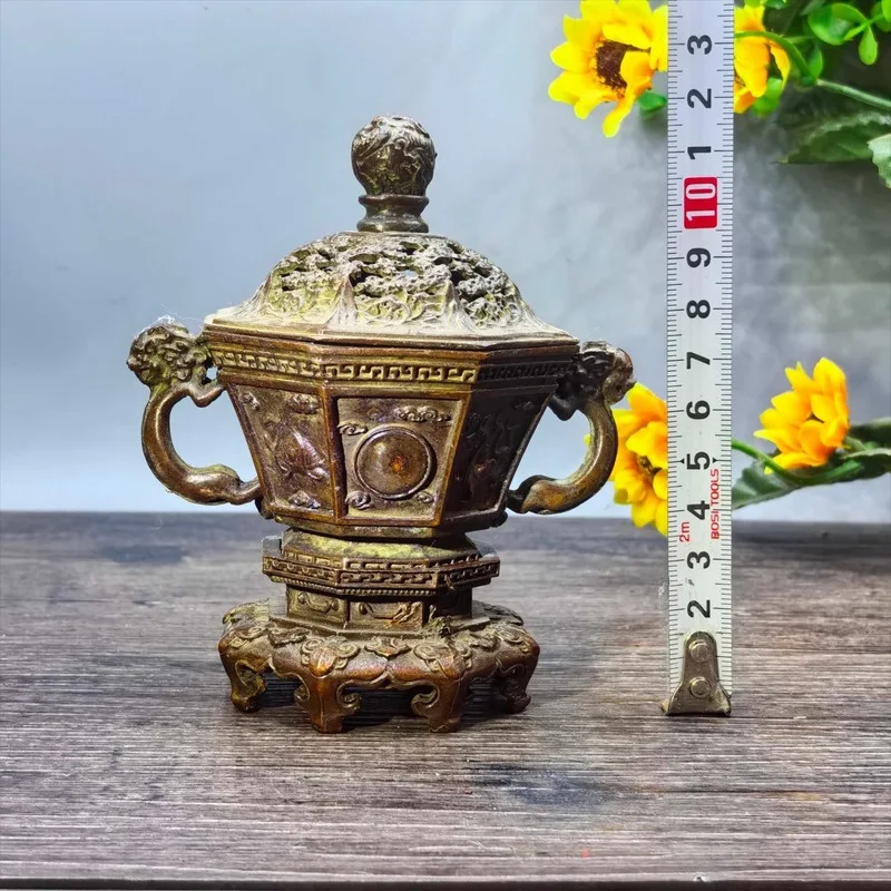 Copper double-eared lion ornament, four-sided mythical beast censer, antique collectible, distressed vintage home and off