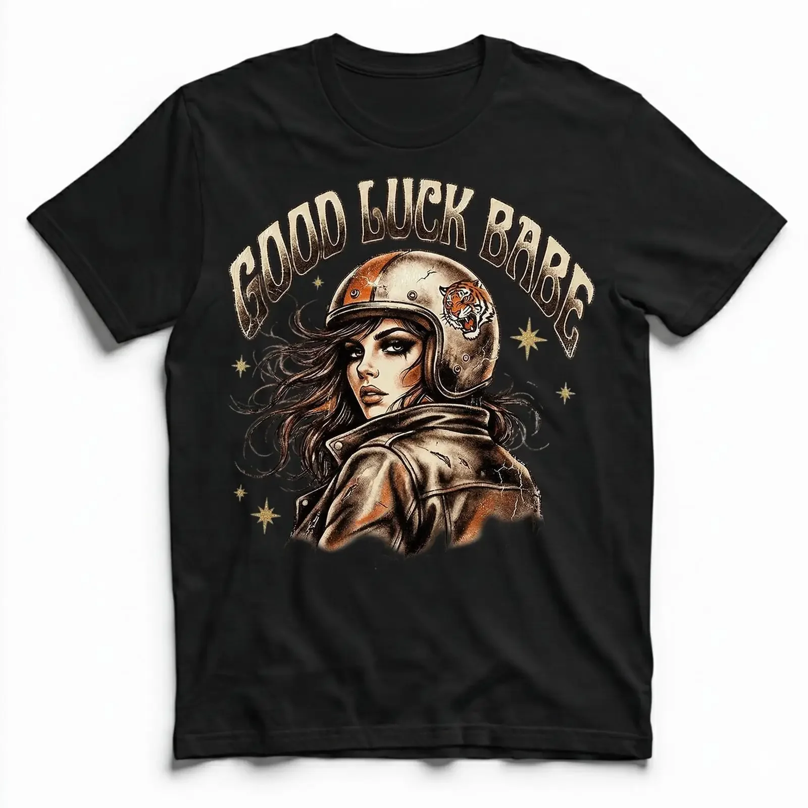 Good Luck Babe Worn Jacket Look Back T Shirt Distressed Biker Tiger vintage Washed designer clothes Soft Breathable Stretched