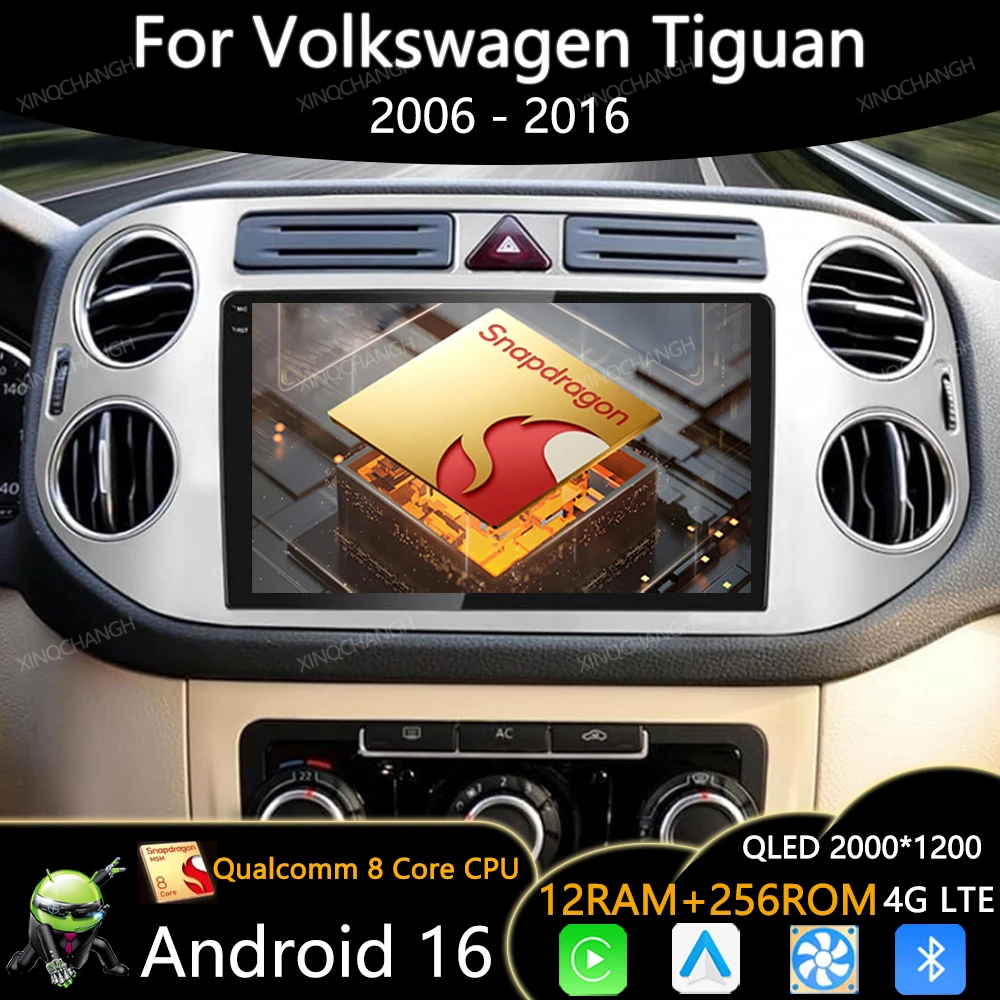 Android 16 Car Radio For Volkswagen Tiguan 1 NF 2006 - 2016 Qualcomm 2DIN 4G WIFI QLED Carplay Auto GPS Head Unit BT Navigation
