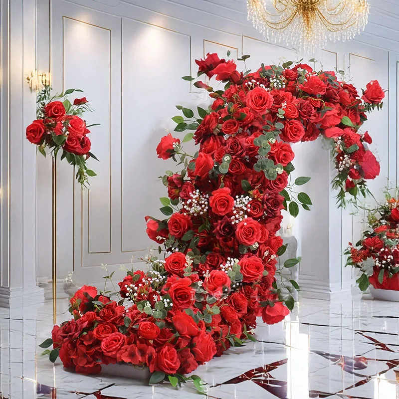 200x45CM Red Floral Rows Ideal for Wedding Conference Tables Window Decor Realistic Artificial Roses