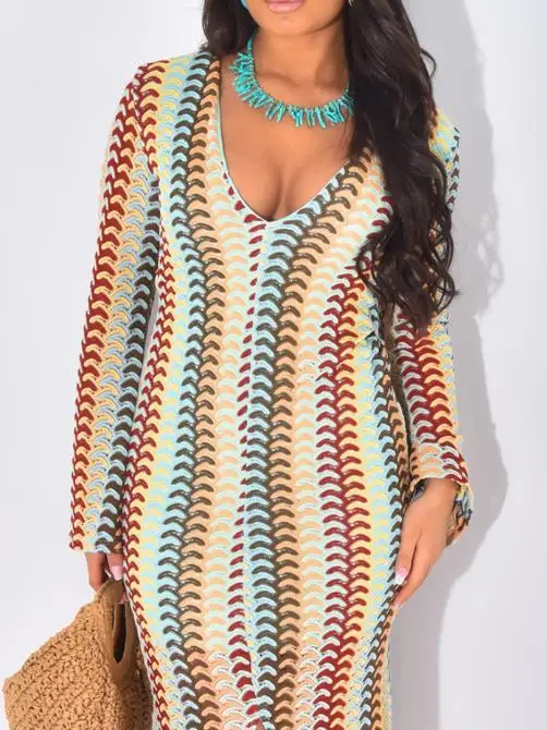 Robe à manches longues pour femmes, mode automne, blocage de couleur, épissage, imprimé géométrique, col en v, coupe cintrée, robe moulante aux hanches