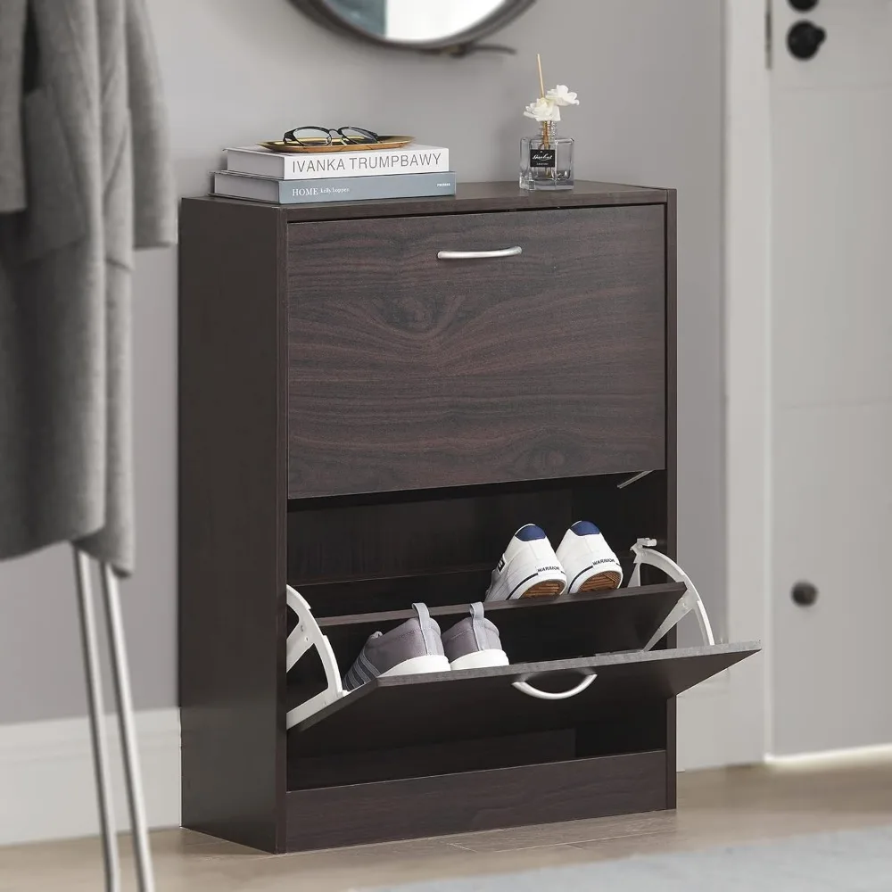 

Brown Shoe Cabinet with 2 Flip-Drawers, Freestanding Shoe Rack, Shoe Organiazer, High Quality MDF, 9.4" D x 23.6" W x 31.5" H