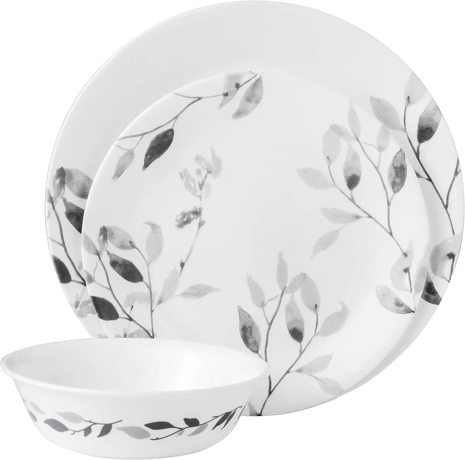 

12-Piece Vitrelle Misty Leaves Chip and Break Resistant Dinner Set, Grey