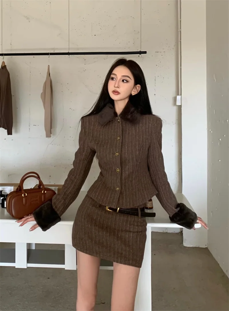 Fall Winter Women French Old Money Maillard Office Lady Elegant Outfits 2 Piece Set Single-breasted Striped Jacket + Mini Skirt