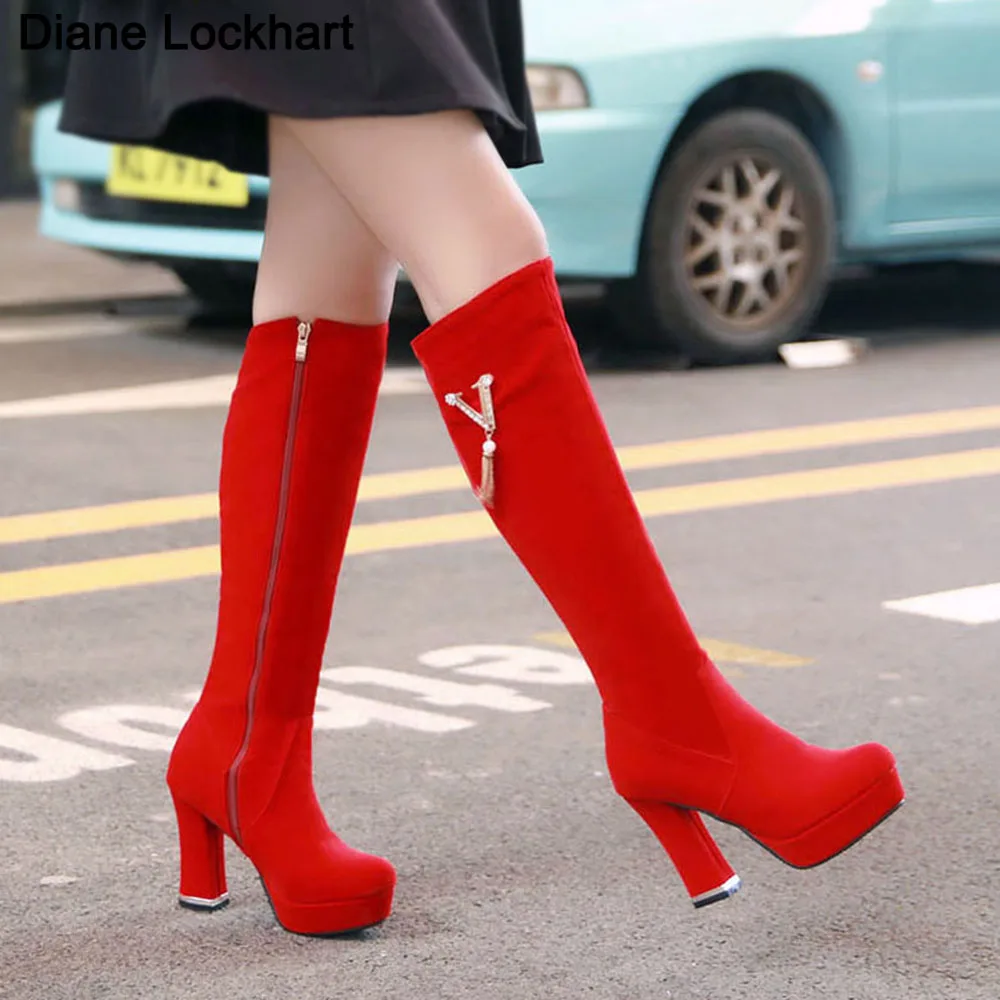 Autumn Winter Platform Knee High Boots Women Black Red Flock Women\'s High Boots Luxury Casual Chunky Heels Fashion Shoes Female