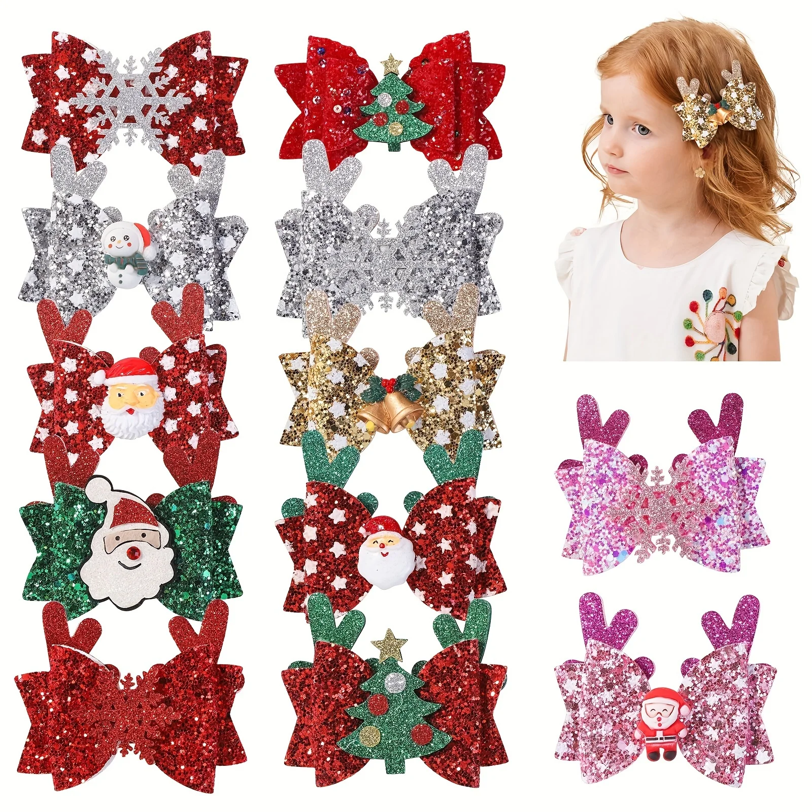 12Pcs/set Sweet Christmas Glitter Hair Bows Clips for Women Girls Hair Accessories New Year Red Santa Claus Party Headwear