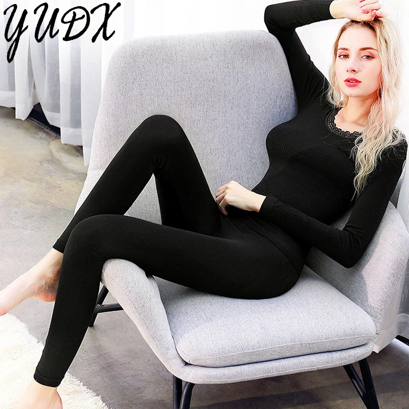 Women Thermal Underwear Set Winter Clothing Warm Suit Lace Print Undershirt Long Sleeve Top Leggings Two Piece Sets Lingerie Set