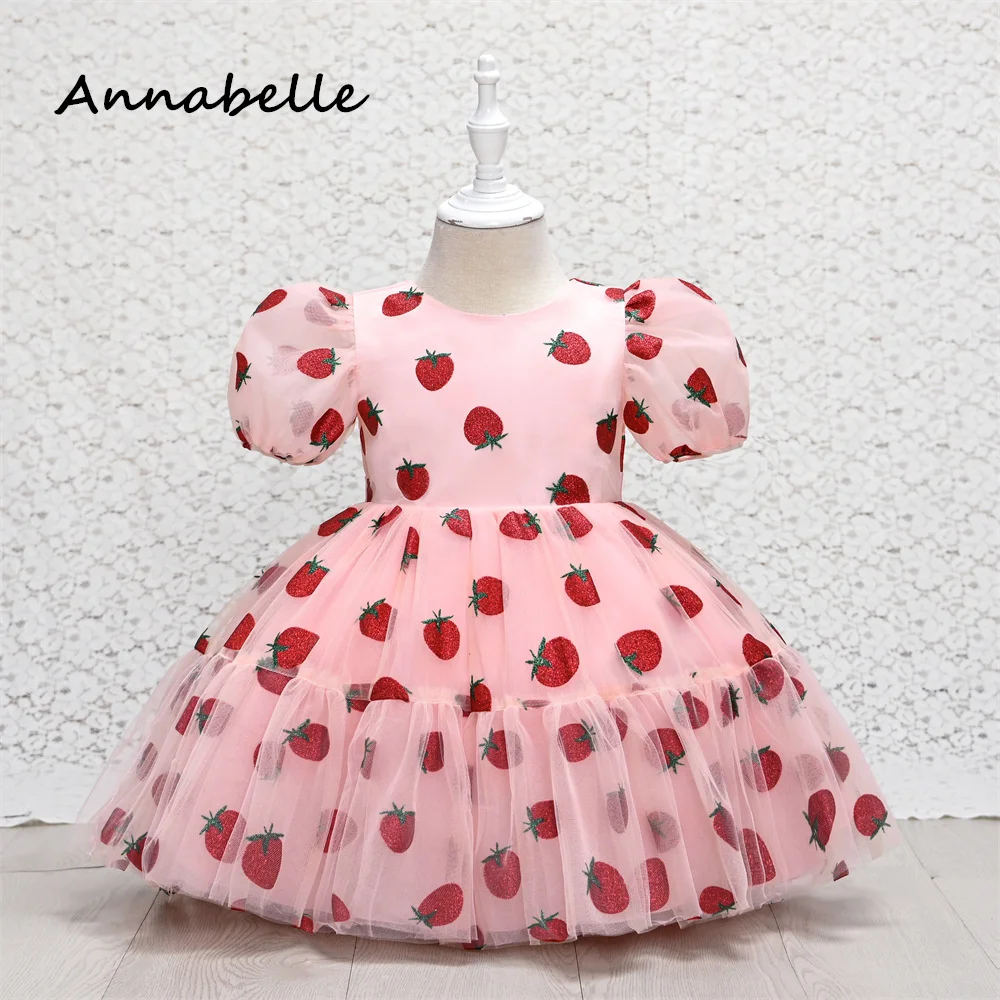 Annabelle Flower Girl Long Dress Puffy Flower Baby Wedding Cute Strawberry Pattern Dress Priness Girl Bow Birthday Party Dress