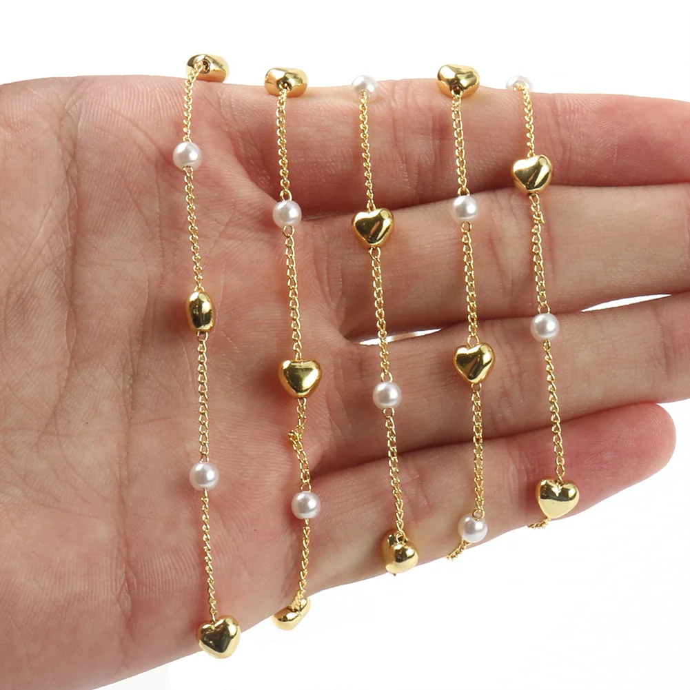 1meter Beaded Chain KC Gold Imitation Pearl CCB Heart Star Beads Copper Chain for Bracelets Necklace Jewelry Making DIY