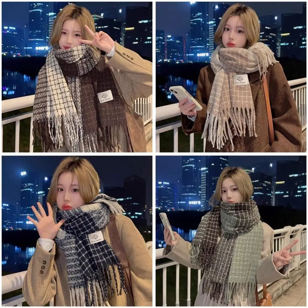 

Elegant 200*65cm Winter Plaid Scarf Knitted Windproof Long Tassel Scarves Long Thickened Imitation Cashmere Scarf Women