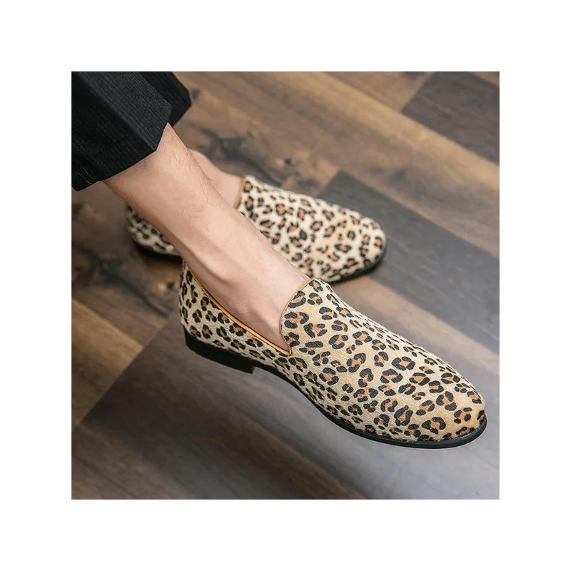 Men Leopard Pattern Dress Loafers, Fashion Office Dress Shoes