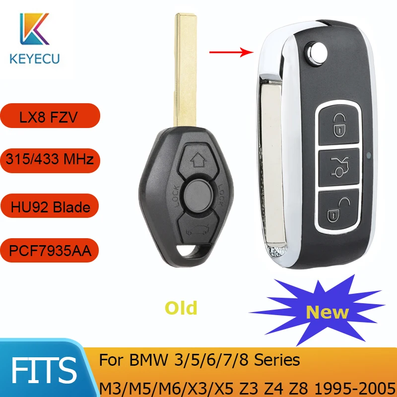 

KEYECU New Type Flip Remote Car Key Fob for BMW LX8 FZV HU92 Balde 3 Buttons 315/433MHz ID44 Chip EWS System