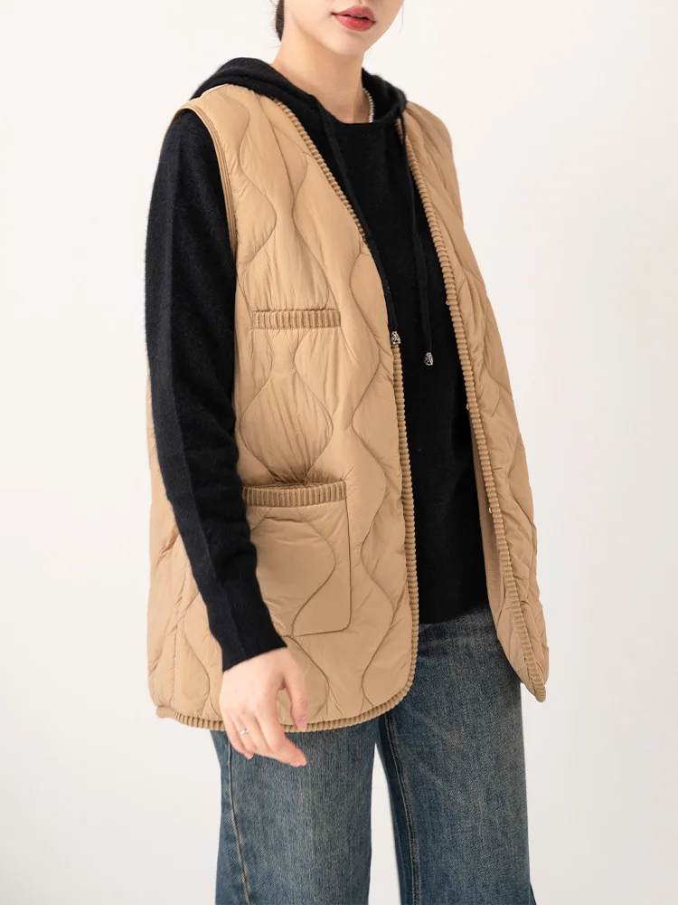 

Теплый легкий белый жилет на гусином пуху, женский стеганый жилет, повседневный, свободный крой, 90% пуха, V-Ne, на молнии, длинный свек