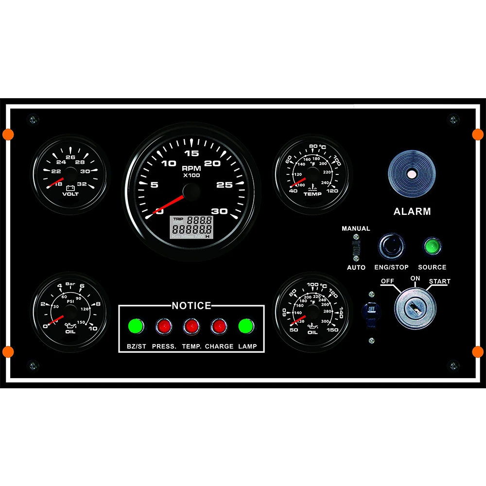 

5 Gauge Set 24V Engine Panel with 3000RPM Tachometer Oil Temp. Water Temp. Oil Pressure Voltmeter 8 Colors Backlight 350*200 mm