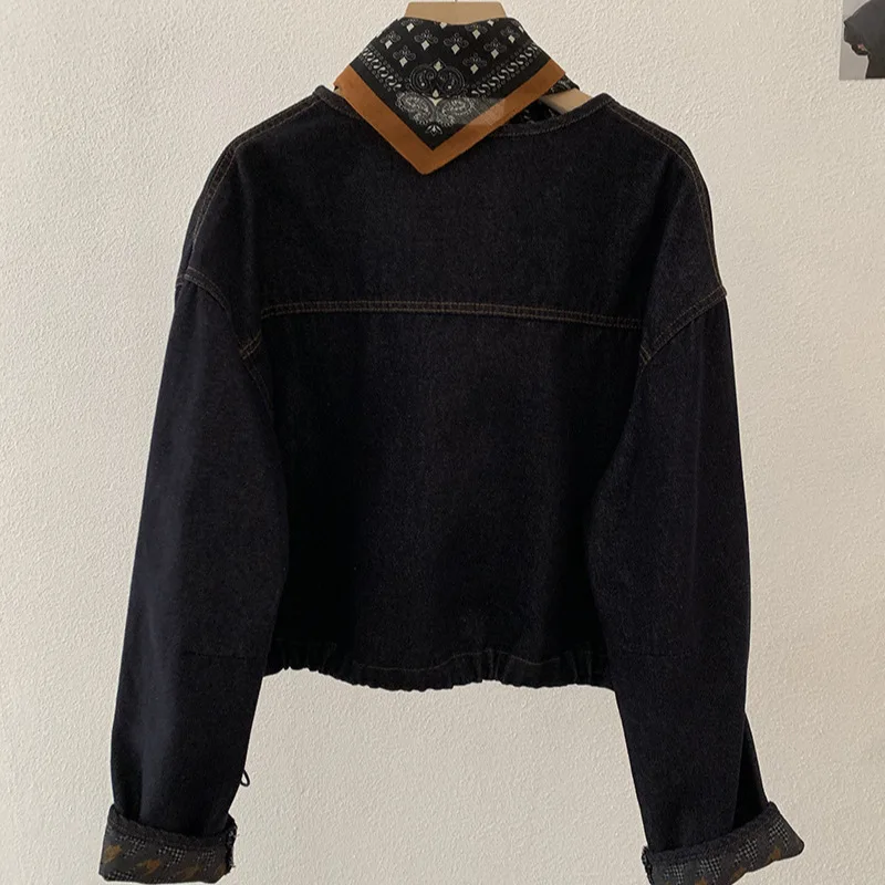 Envío de bufandas retro de un solo pecho, chaqueta vaquera con cuello redondo para mujer, otoño, primavera, nuevo modelo, tops de ocio, chaqueta Bomber Vintage