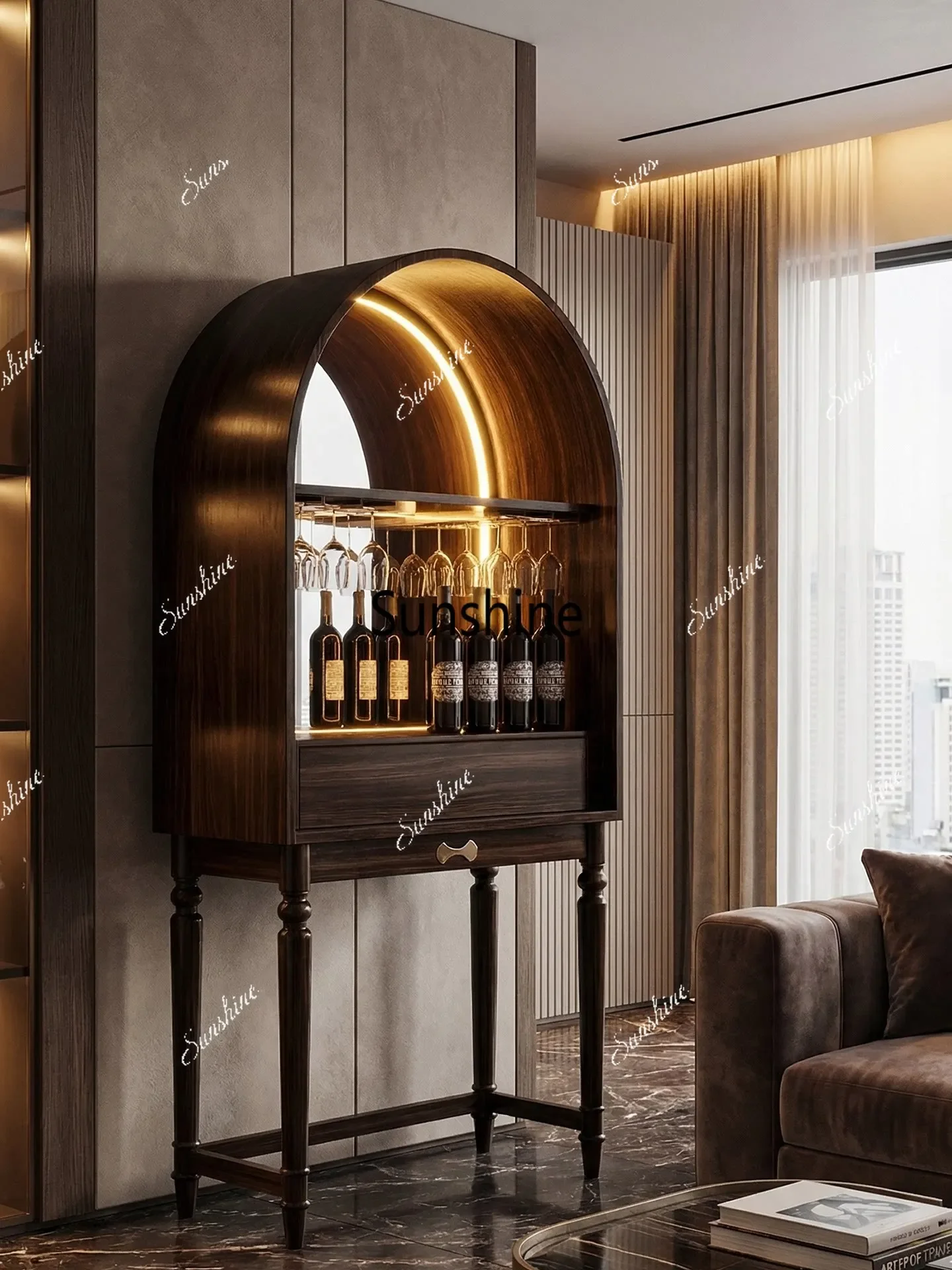 

YLight luxury modern wabi-sabi wind solid wood curved top wine cabinet dining edge design advanced retro