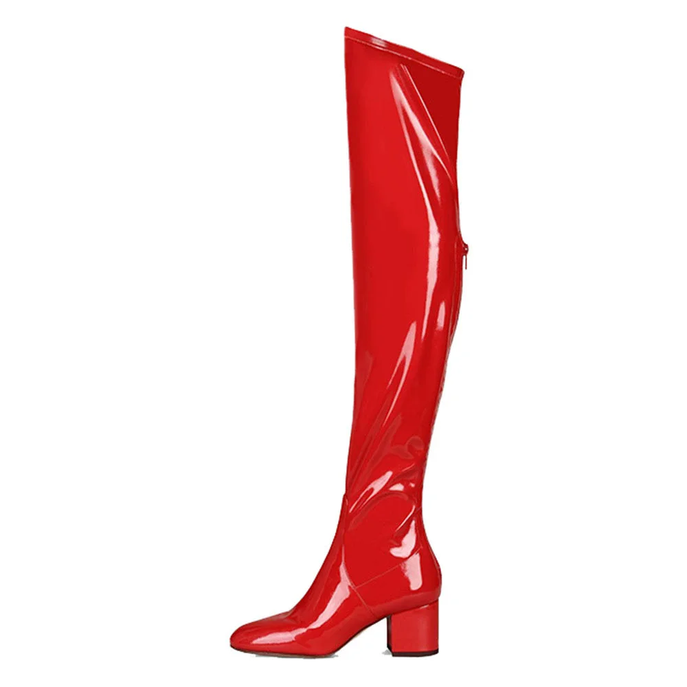 

Spring new flat toe red patent leather rear zipper square heel over-the-knee boots daily dress large-size high-heeled women boot