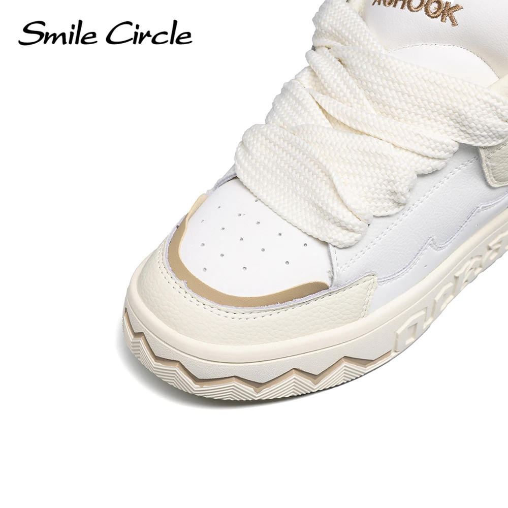 Smile Circle Chunky Sneakers Women\'s Leather Lace-up Fashion Flat Platform Shoes Round Toe Comfortable Casual Sneakers