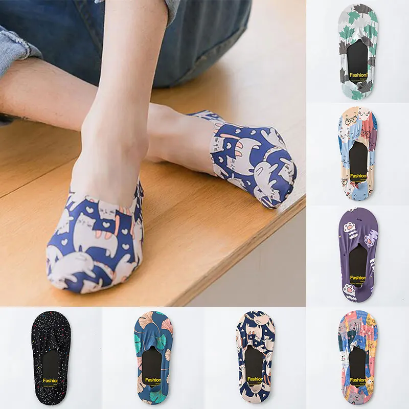 Silicone Anti-skid Socks Girls Cartoon Invisible Socks Sweat Summer Ice Silk Seamless Sock Print Women Boat Socks High Quality